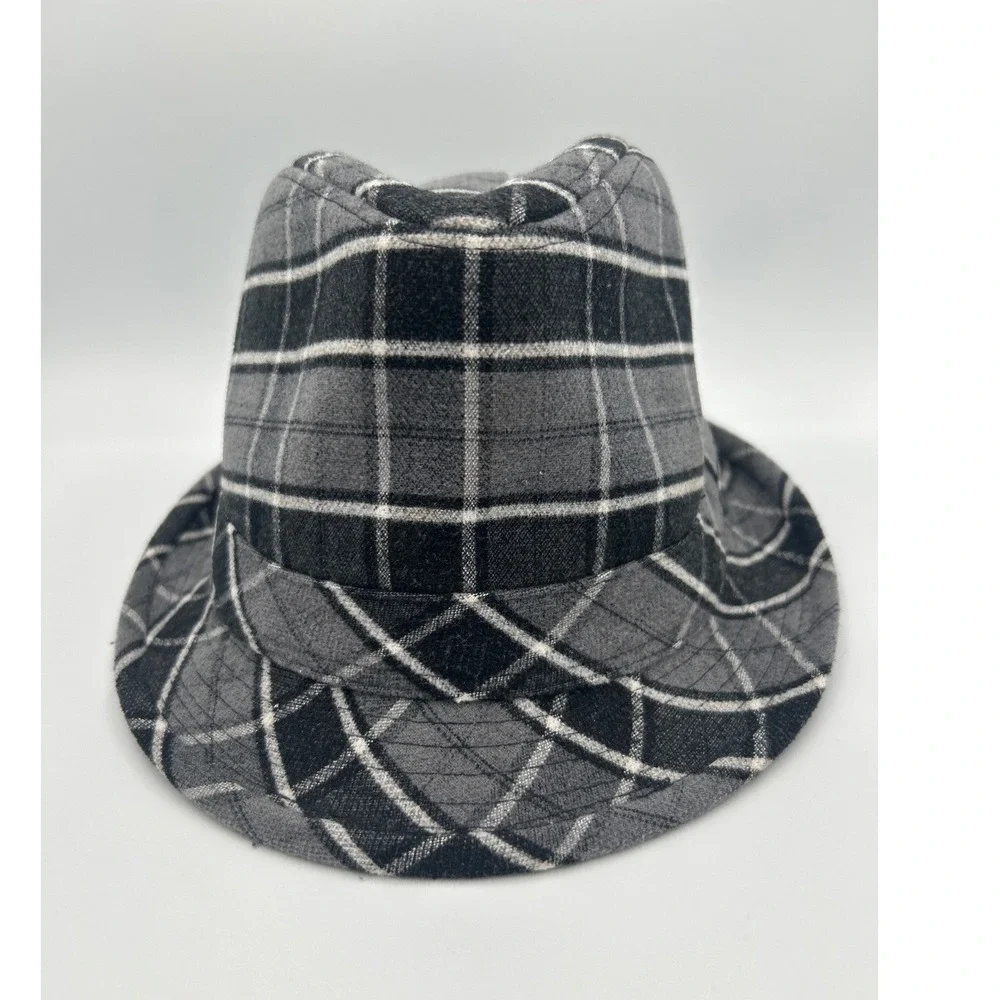 Grey Black Plaid Fedora Hat‎ Classic Tartan Short Brim Unisex Trilby Style